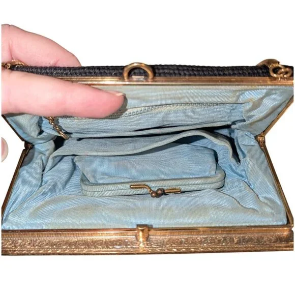 Vintage Floral Needlepoint Evening Bag Metal Frame Chain Strap etched clasp - Picture 3 of 16